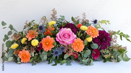 Floral Arrangement with Rose Dahlias and Eucalyptus on White