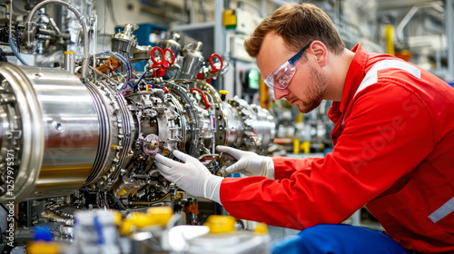 focused engineer red jumpsuit works complex engine component, showcasing precision and expertise modern industrial setting