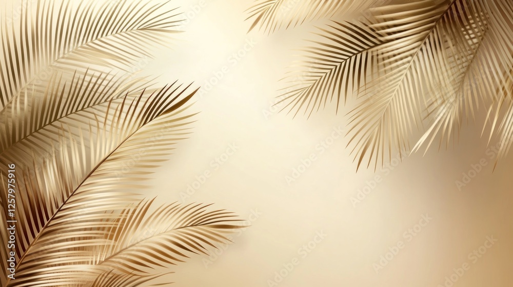 Fototapeta premium Golden palm leaves, beige background, tropical design, website banner