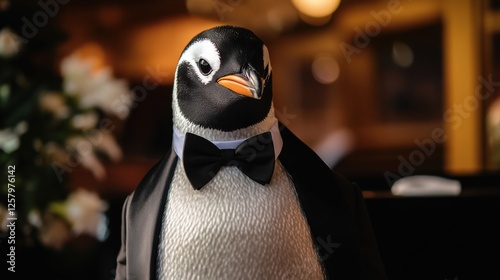 Close-up of a refined anthropomorphic penguin in a tuxedo at a formal event. Emphasizing sophistication and elegance. Ideal for formal and event-related themes.