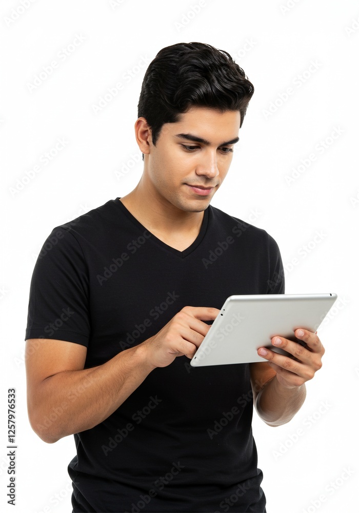 Happy young man using digital tablet wearing plain t-shirt isolated on white background . Ai generative Happy young man using digital tablet wearing plain t-shirt isolated on white background . Ai generative