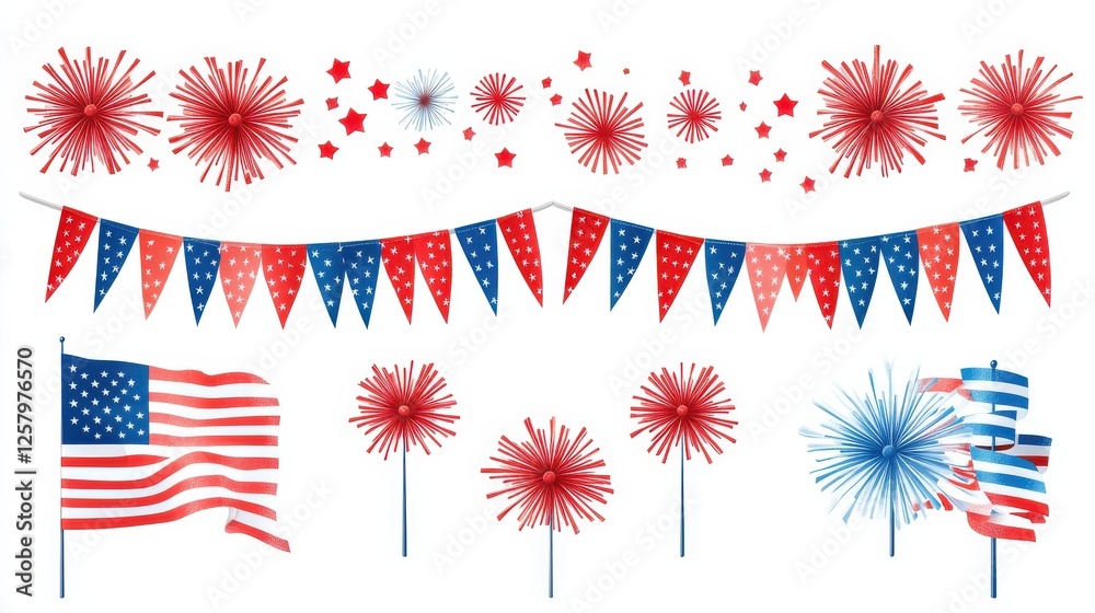Obraz premium American flag color banners, garlands and fireworks vector collection. Happy Independence Day, 4th July, american holidays design elements isolated on white background
