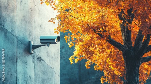 A security camera mounted on a concrete wall overlooks a vibrant autumn tree. The image captures the blend of technology and nature. Ideal for concepts of safety and surveillance. AI