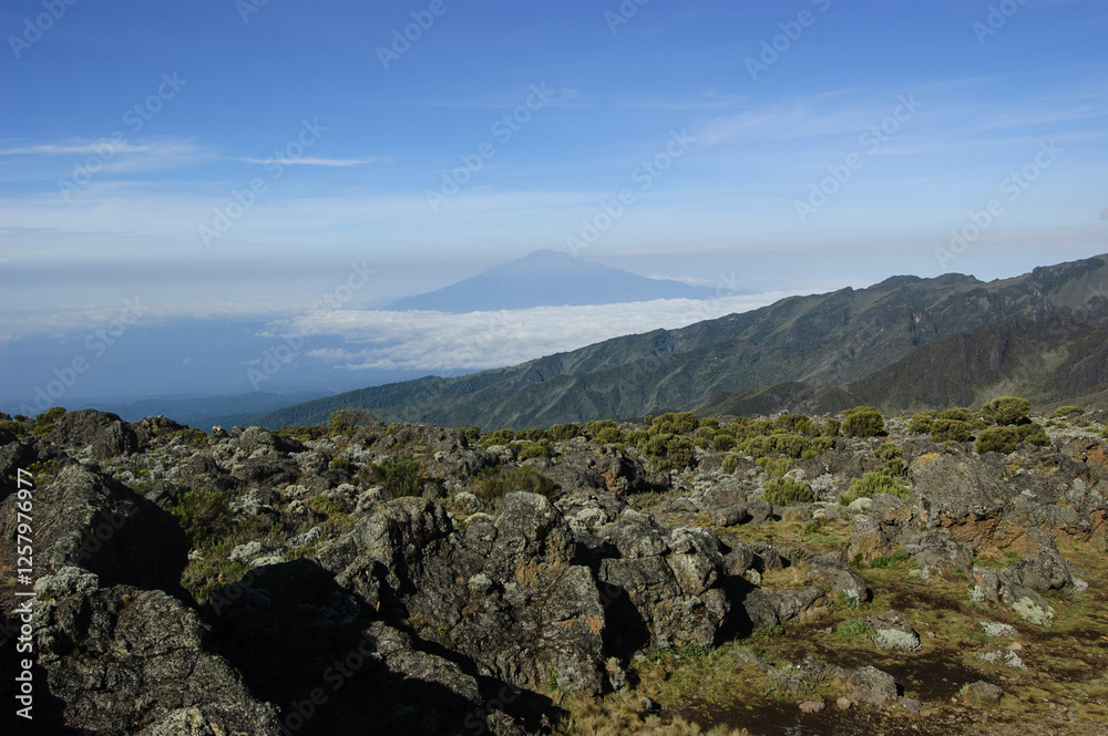View looking west from Mt. Kilimanjaro, towards Mt. Meru, rising above clouds in the distance.