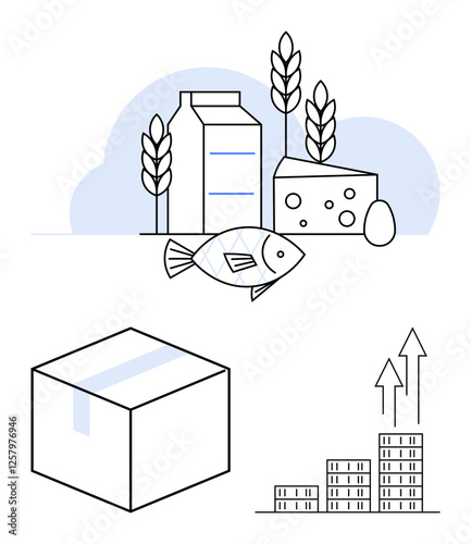 Milk, cheese, eggs, fish, and wheat with a packaged box and rising bar chart symbolizing production, distribution, or economic growth. Ideal for agriculture, trade packaging supply chains