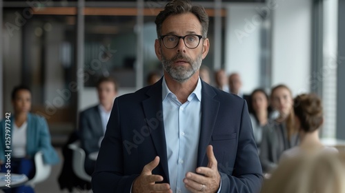 Senior male speaker wearing suit, glasses delivering business presentation in conference room engaging with audience representing leadership communication corporate strategy professional expertise.