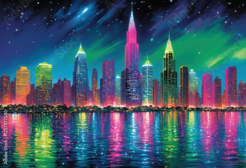 vibrant night cityscape illuminated skyscrapers neon colors dark sky filled twinkling stars glowing reflections water, architecture, buildings, bright