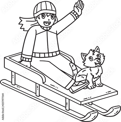 Sledding Girl with a Cat Isolated Coloring Page 
