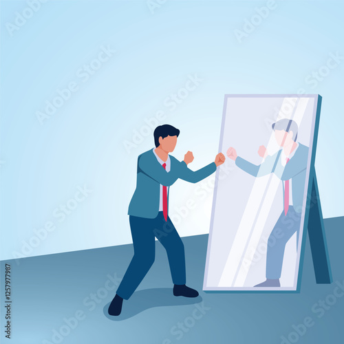 A man with a punching gesture facing a mirror image. Illustration for fighting yourself, self-confidence and being positive.