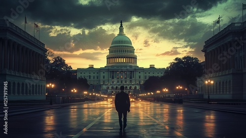 Silhouette of a person facing the u.s. capitol at sunset, symbolizing governance and decision-making. photo