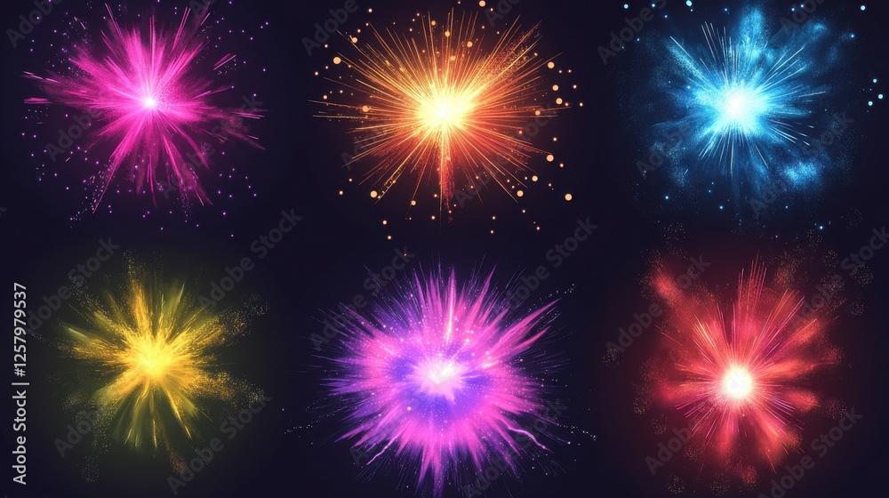 Fototapeta premium Color fireworks. Festive sparkles, carnival salutes. Birthday party and christmas vibrant firecrackers explosion vector set