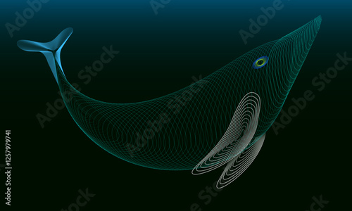 Futuristic whale against the background of the ocean depths. The figure of the whale is drawn with multi-colored lines.