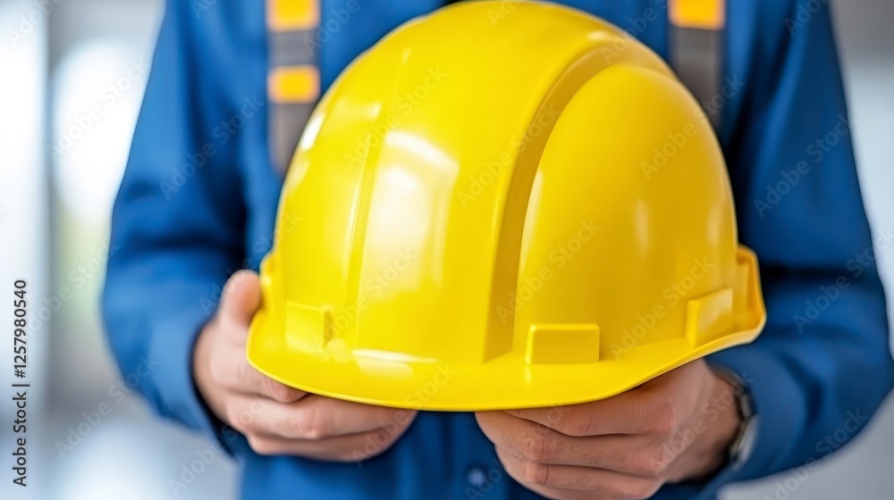 Close up of a person holding a bright yellow safety hard hat, hands visible. The person wearing a blue shirt and safety harness. Soft focus Close up of a person holding a bright yellow safety hard hat, hands visible. The person wearing a blue shirt and safety harness. Soft focus