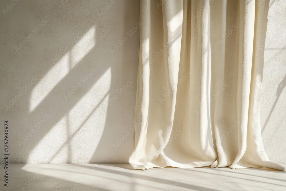 Minimalist Home Design Mockup with White Concrete Wall and Beige Curtains Bathed in Soft Sunlight Minimalist Home Design Mockup with White Concrete Wall and Beige Curtains Bathed in Soft Sunlight
