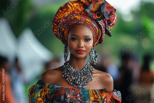 Beautiful woman wearing colorful traditional attire and elaborate accessories during an outdoor cultural event in a lush garden setting photo