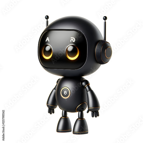 Cute 3D Black Robot AI with Golden Eyes and Side View isolated on white background