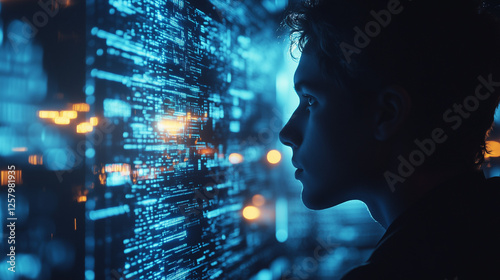 A cyber-security specialist monitoring encrypted data on a glowing blue interface