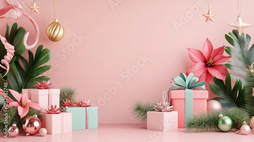 3D rendering of a colorful, pastel pink background with gift boxes and plant decorations, spring equinox.