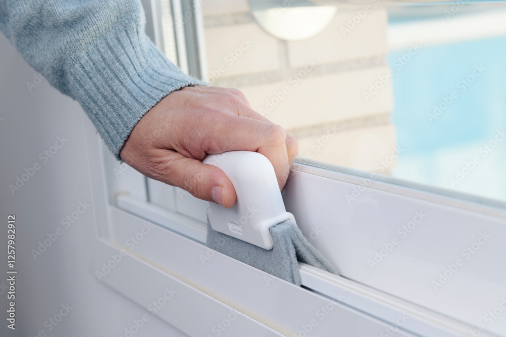 man cleaning the track of a sliding window