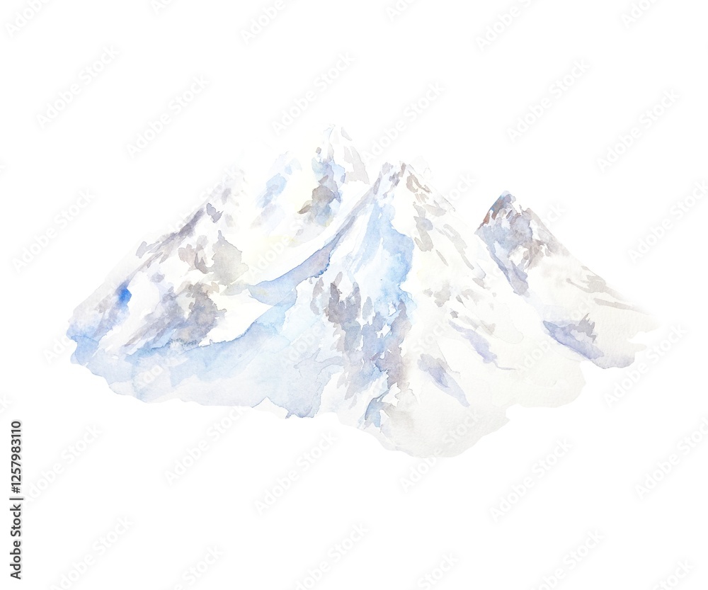 Obraz premium High snowy mountains, ski resort. Hand drawn watercolor landscape illustration isolated on white. For cards, invitations, winter Christmas banners, eco water labels.