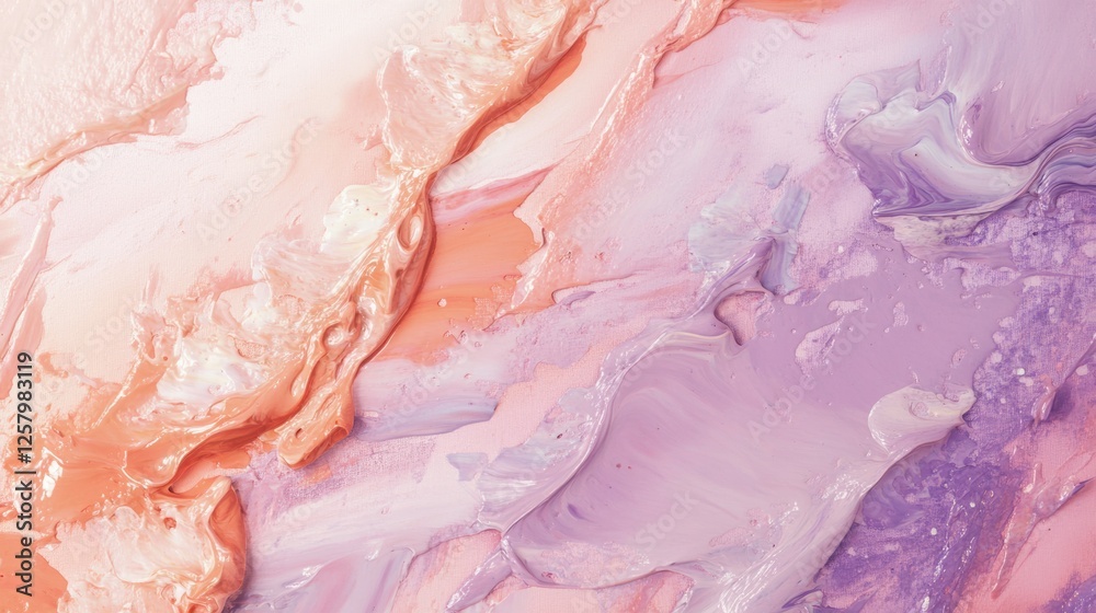 Fototapeta premium Peach and lavender abstract painting with layered textures, giving a soft dreamy aesthetic, pastel tones blending harmoniously.