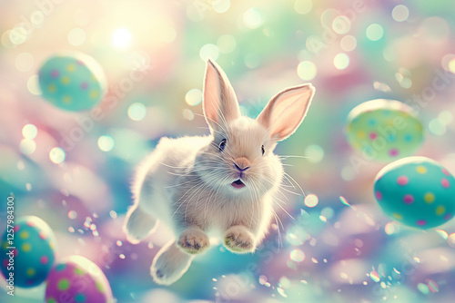 Happy Easter bunny surrounded by colored easter eggs