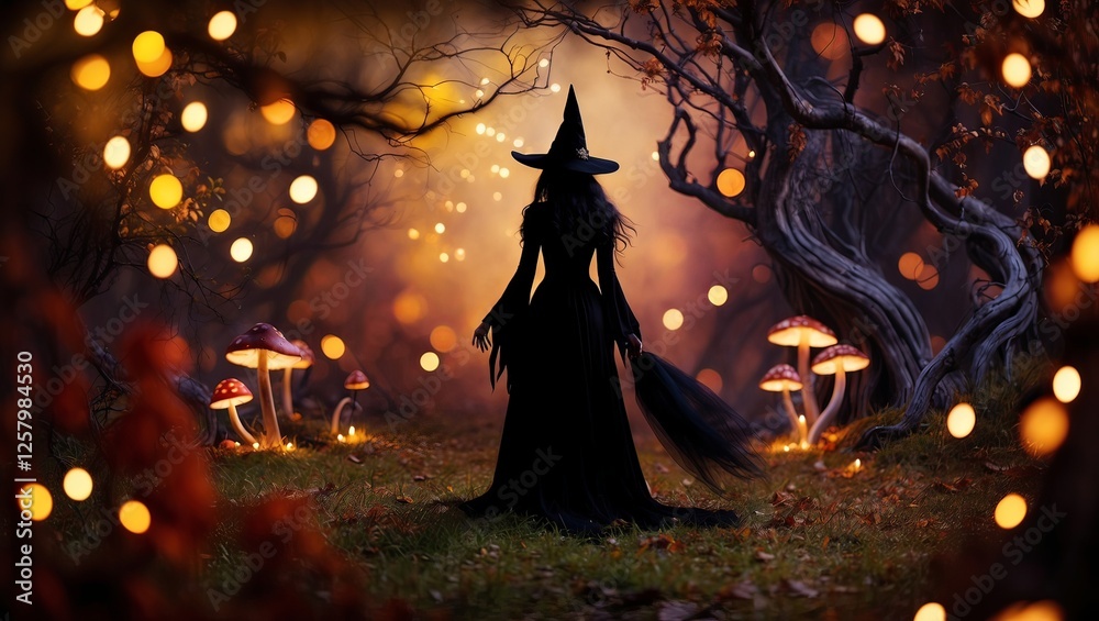 A mysterious witch stands silhouetted in a magical forest filled with glowing mushrooms and lights. A mysterious witch stands silhouetted in a magical forest filled with glowing mushrooms and lights.