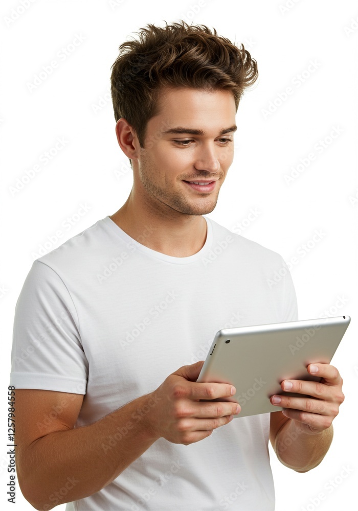 Happy young man using digital tablet wearing plain t-shirt isolated on white background . Ai generative Happy young man using digital tablet wearing plain t-shirt isolated on white background . Ai generative