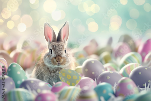 Happy Easter bunny surrounded by colored easter eggs