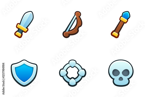 Battle icons set. Isolated vector illustration of mobile game sprites. Design for stickers, logo, mobile app. Arcade or match 3 2d graphics game asset. Flat 3d item sprites sheet.