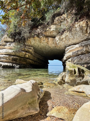 Sandstone rocks and pebble cove beach of Delikli Bay beach near Kerpe, Kocaeli Turkiye photo