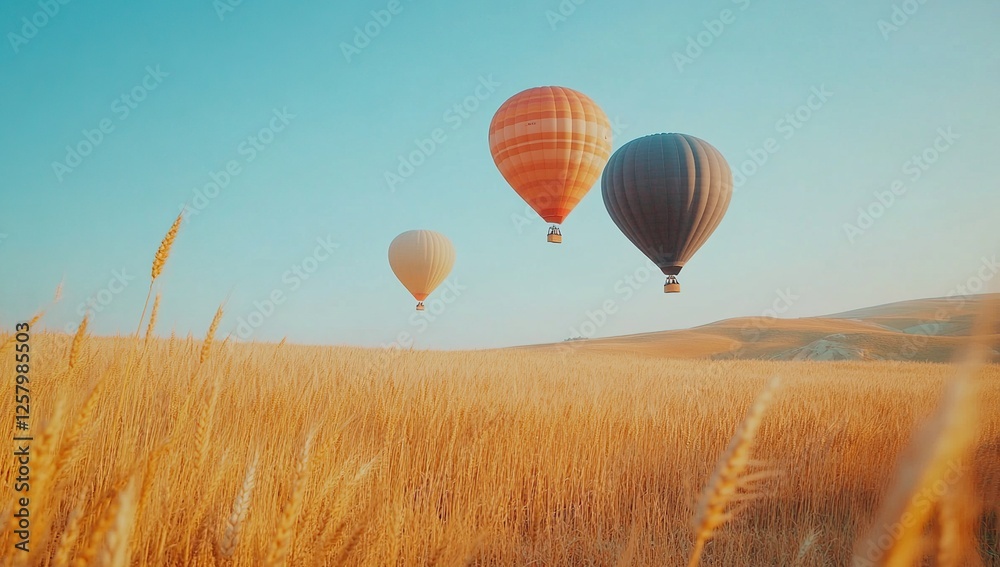 Obraz premium Hot Air Balloons Soar Over Golden Wheat Fields at Dawn, a Serene Flight Adventure.