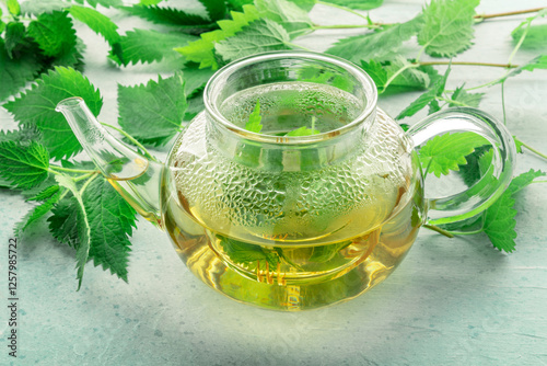 Nettle tea. Medicinal herbal tea with Urtica leaves. Fresh wild herb, a tea pot with the steeping plant photo