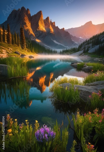 serene reflection mountain lake sunrise surrounded mist soft light enhancing tranquility, nature, water, sky, landscape, clouds, peaks, pink, dawn, scenery photo