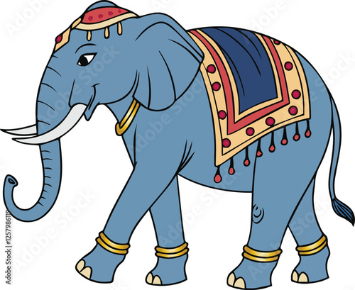 Blue Indian elephant decorated in traditional style isolated with white background 