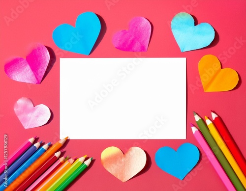 Tarjeta Felicitacion, en forma de marco con Corazones realizados en papel, lapices de colores, Concepto amor photo