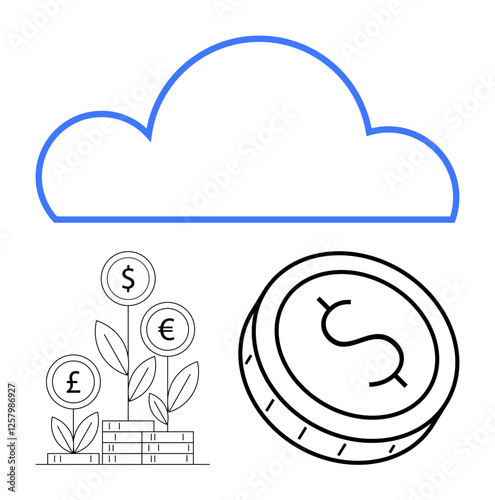 Cloud icon above coin stack plants with currency symbols and large dollar coin. Ideal for finance, investment growth, currency exchange, cloud services, fintech, online banking, and digital economy