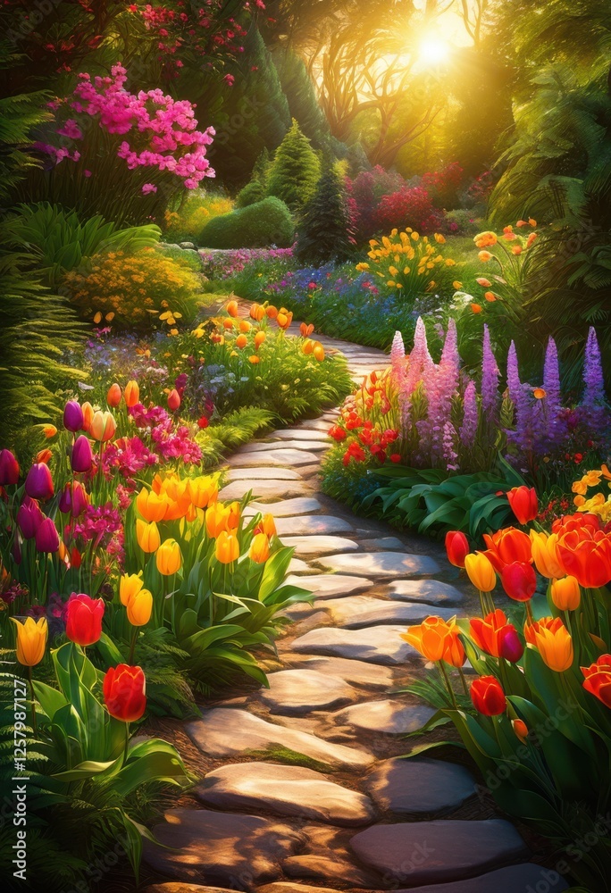 Fototapeta premium vibrant bloom pathway lush dynamic garden surrounded colorful flowers greenery, rainbow, lgbtq, lgbt, pride, love, equality, foliage, landscape, plants