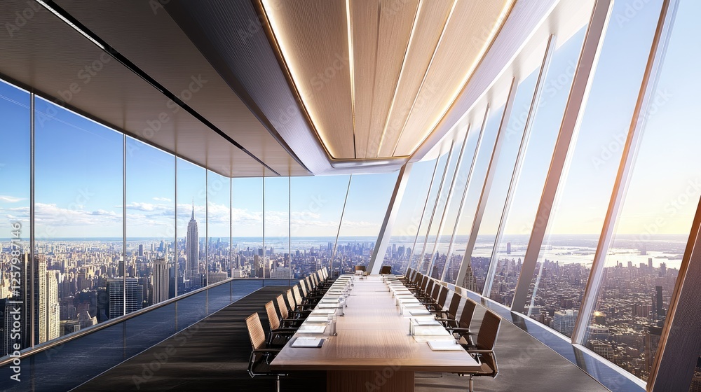 Fototapeta premium A conference room in a skyscraper with floor-to-ceiling windows showcasing the city.