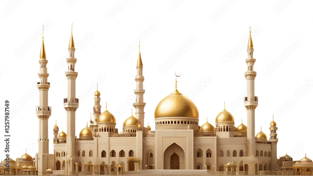 Obraz premium Grand Mosque with Golden Domes and Minarets Isolated on White Background