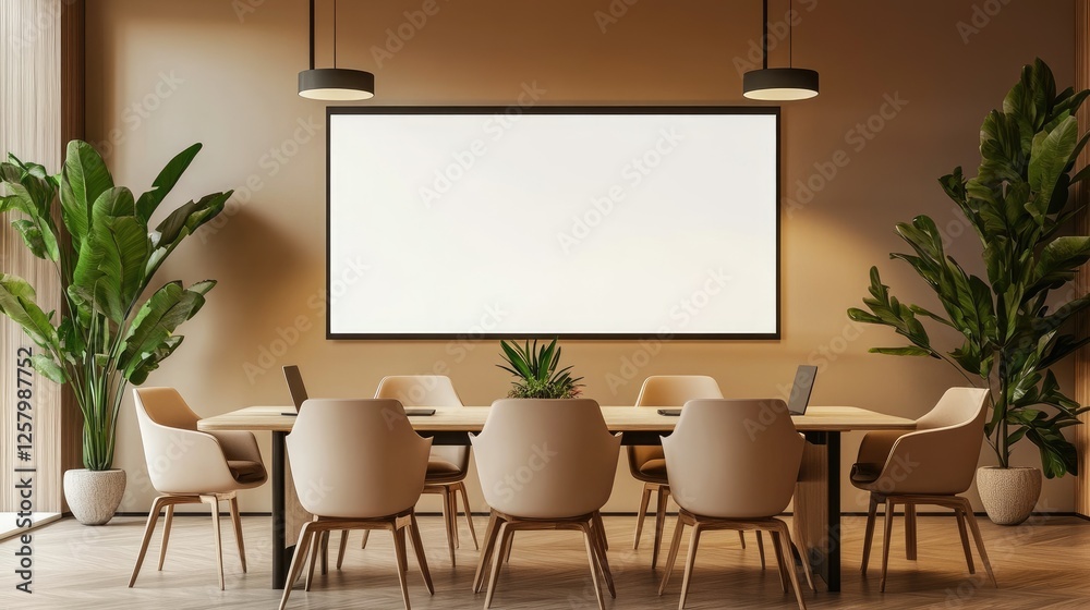 Fototapeta premium A minimalist meeting room with a large blank screen and ergonomic chairs.