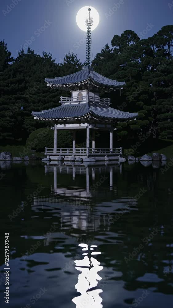 the moonlight, with a serene Japanese pagoda glowing softly in the background, creating a tranquil and dreamy the moonlight, with a serene Japanese pagoda glowing softly in the background, creating a tranquil and dreamy