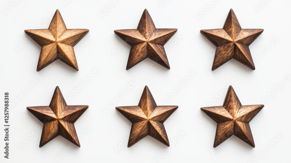 Obraz premium Christmas composition. Wooden decorations, stars on white background. Christmas, winter, new year concept. Flat lay, top view, copy space.