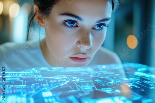 Intense Woman Examining Digital Information Closely photo