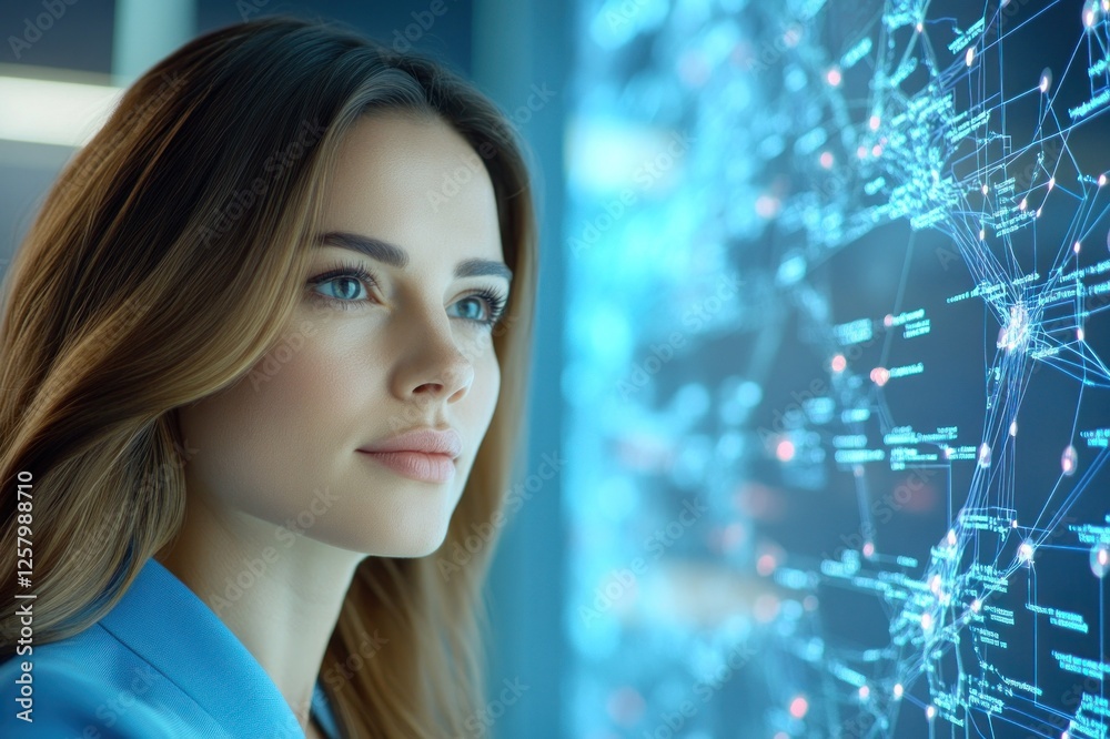 Fototapeta premium Woman Gazes At Futuristic Data Visualization Display