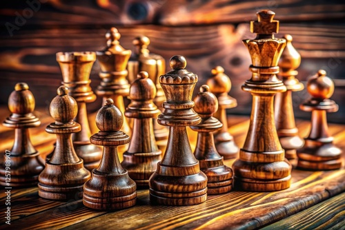 Classic Wooden Chess Set on Rustic Table - Game Pieces Close Up