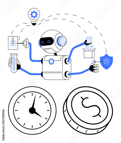 Robot with multiple arms managing tasks fingerprint scanning, time, money, gear, box, shield, and control panel. Ideal for automation, innovation AI robotics time management finance security