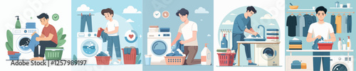 vector young man doing laundry clothes