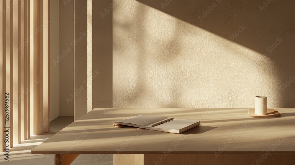 Fototapeta premium Bright meeting area with a minimalist table and an open notebook.