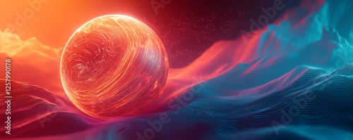 High-quality 3D render a futuristic glowing plasma ball or globe, featuring smooth flowing waves in a magical, abstract setting.